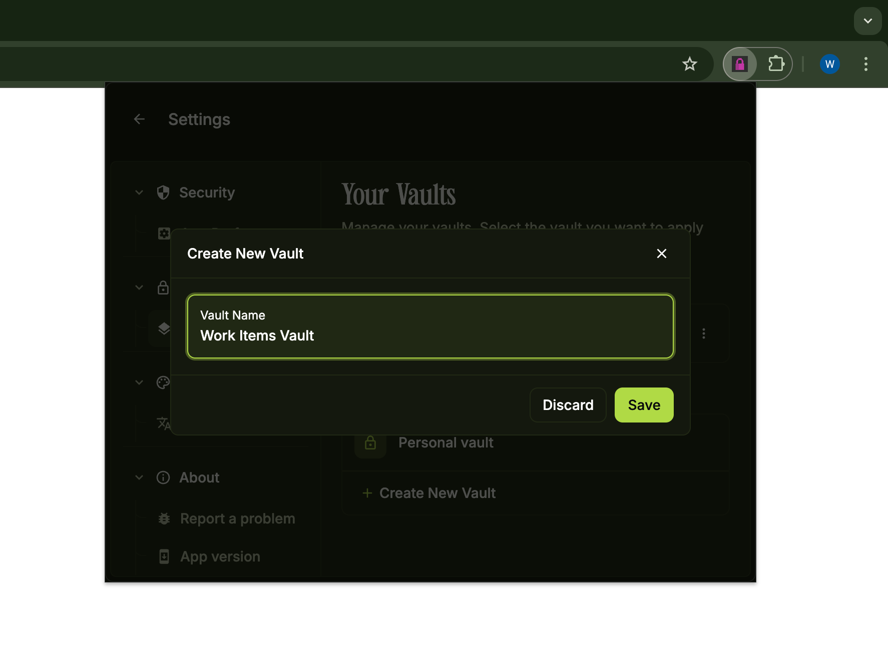 Create New Vault dialog with Vault Name field and Save button